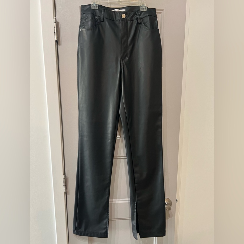 Zara Faux Leather Black Split Ankle Jeans. Sz 6. Brand New W-O Tags